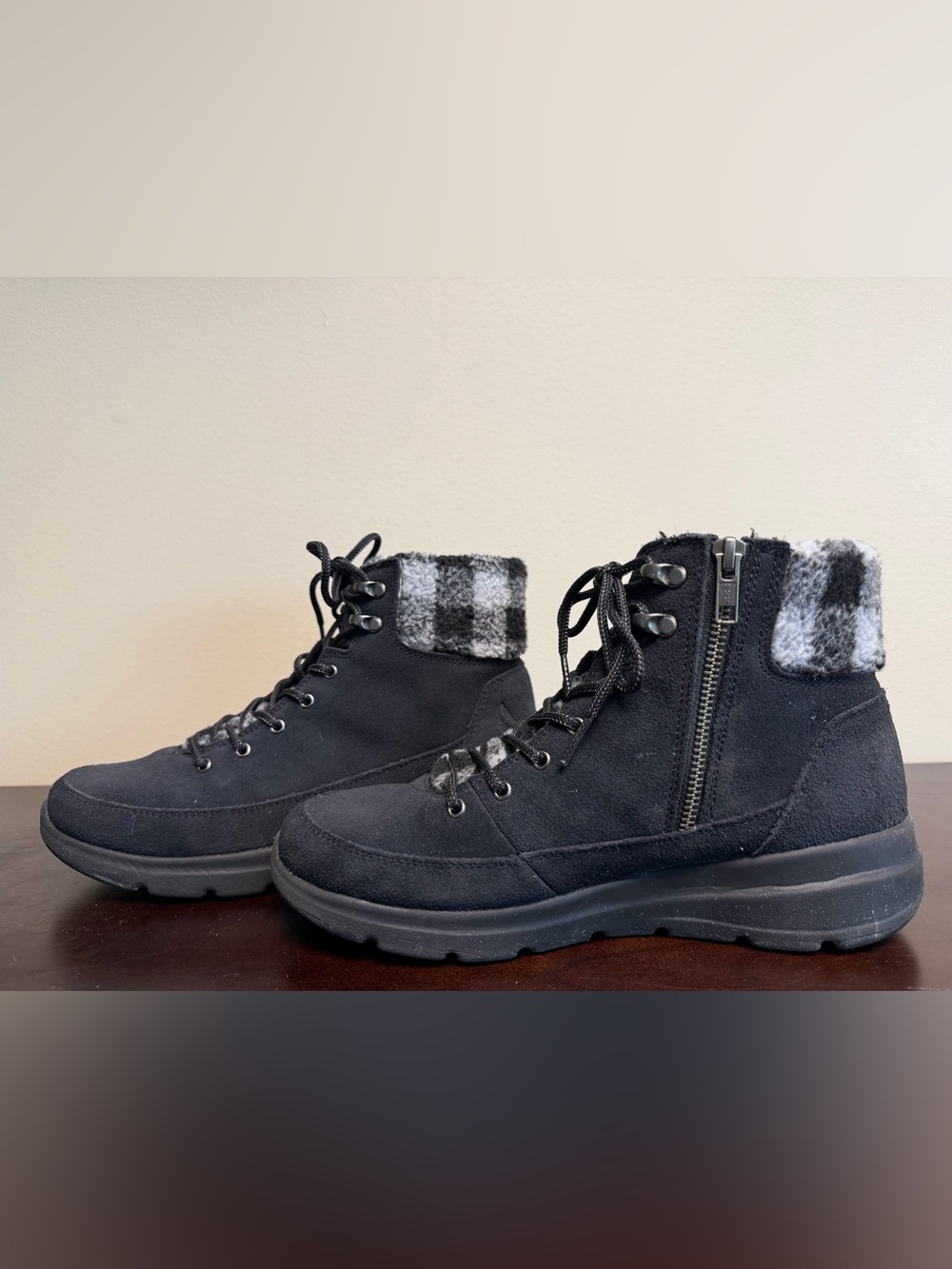 Skechers Black Lace-Up Suede Ankle Boots with Plaid Cuff